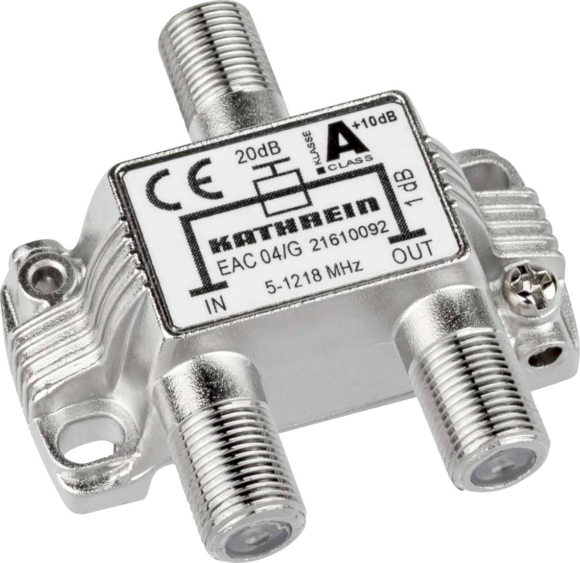 Egy ezüstszínű, négyelágazású TV-koaxiális kábelelosztó, CE-jelöléssel, 5-1218 MHz frekvenciatartománnyal és a 'KATHREIN' felirattal.