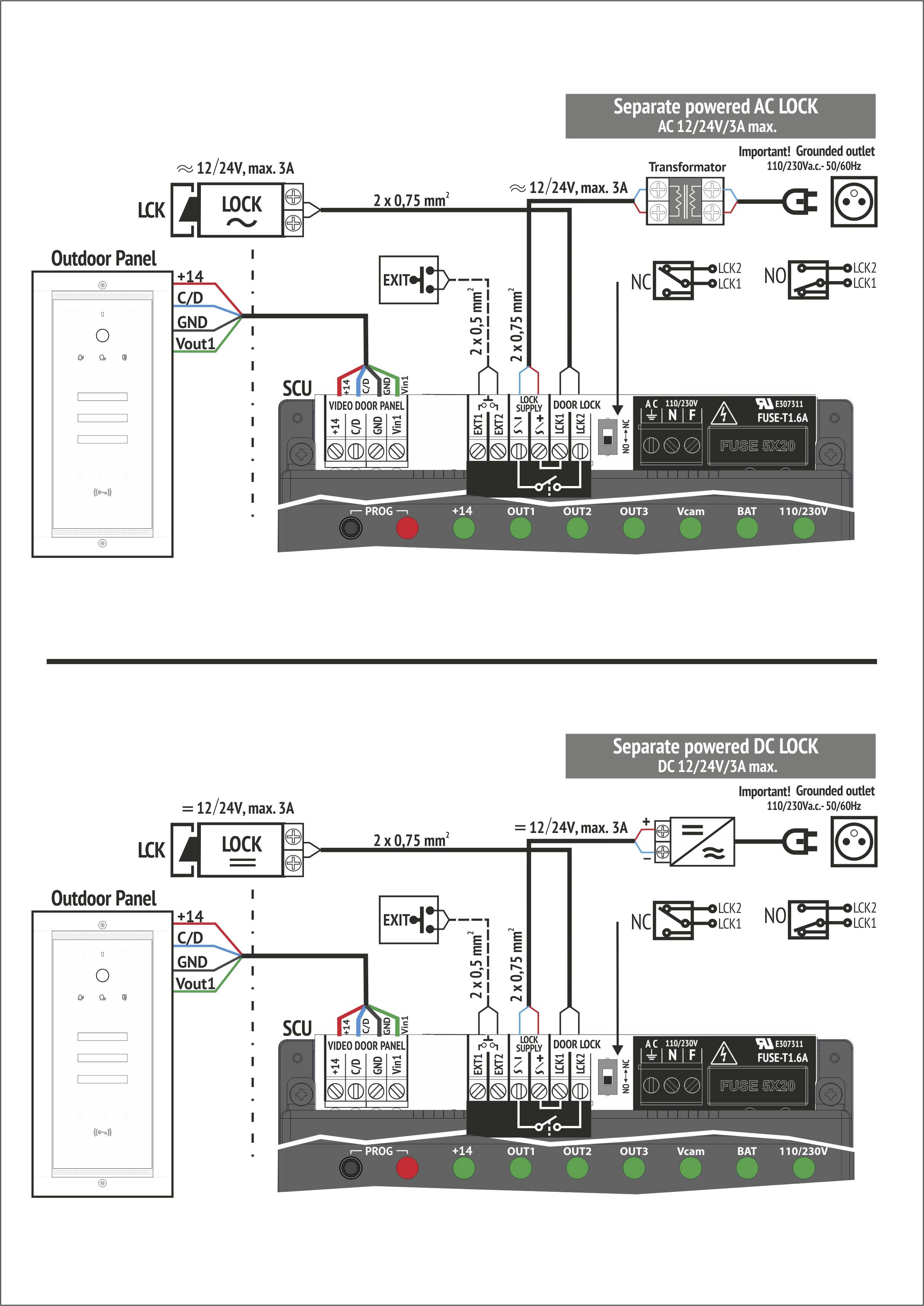 Egy kaputelefon-interfész huzalozási diagramja. Felül: Váltóáramú zár csatlakozási terve. Alul: Egyenáramú zár csatlakozási terve. Bemutatja a kábel-összeköttetéseket és áramköröket.
