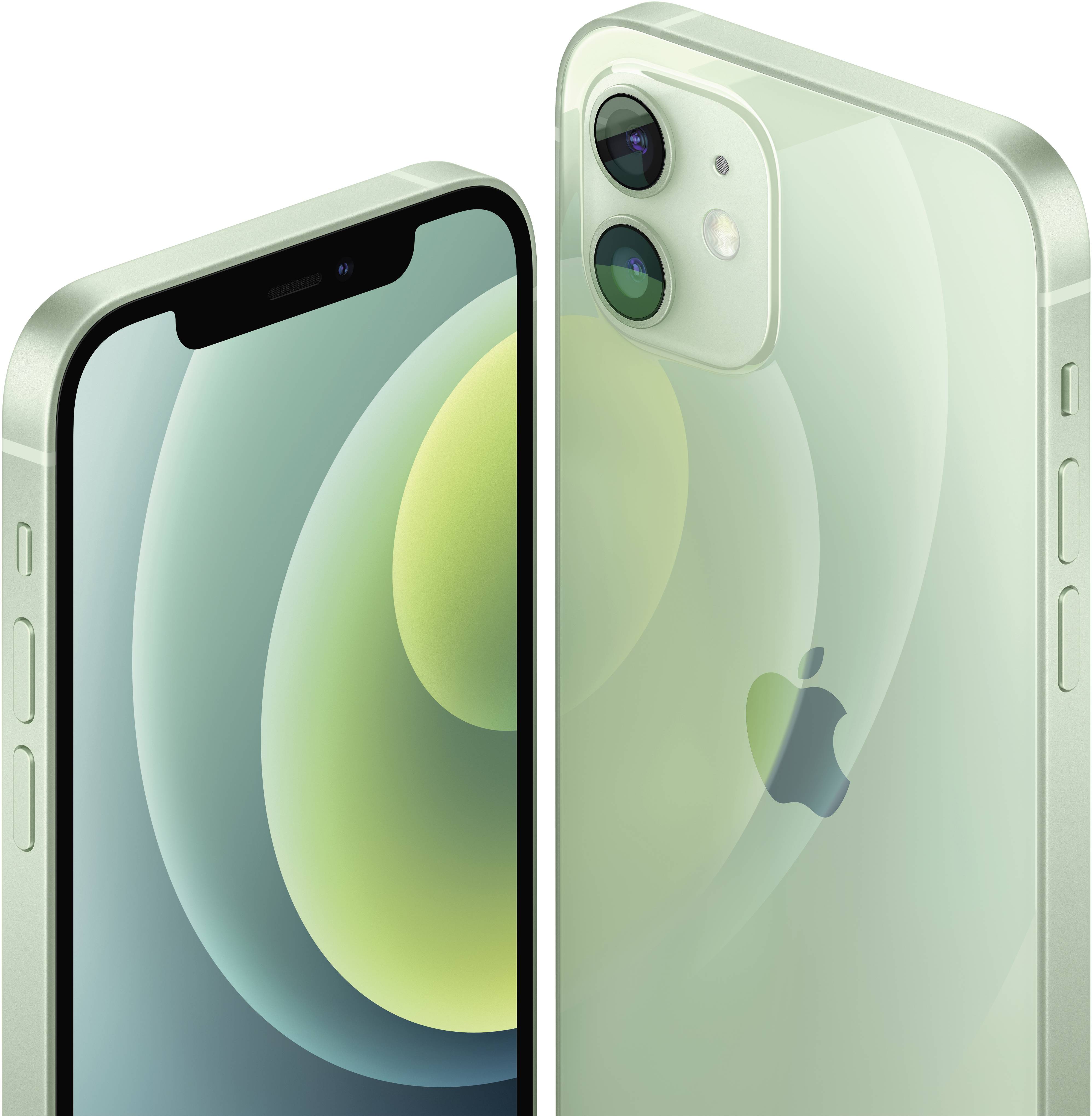 Elölről és hátulról egy zöld, lekerekített sarkú okostelefon látható. A hátoldalán egy Apple-logó tekinthető meg.