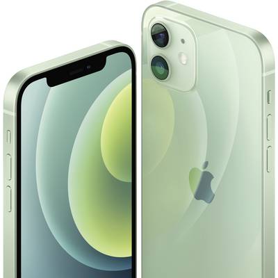 Elölről és hátulról egy zöld, lekerekített sarkú okostelefon látható. A hátoldalán egy Apple-logó tekinthető meg.