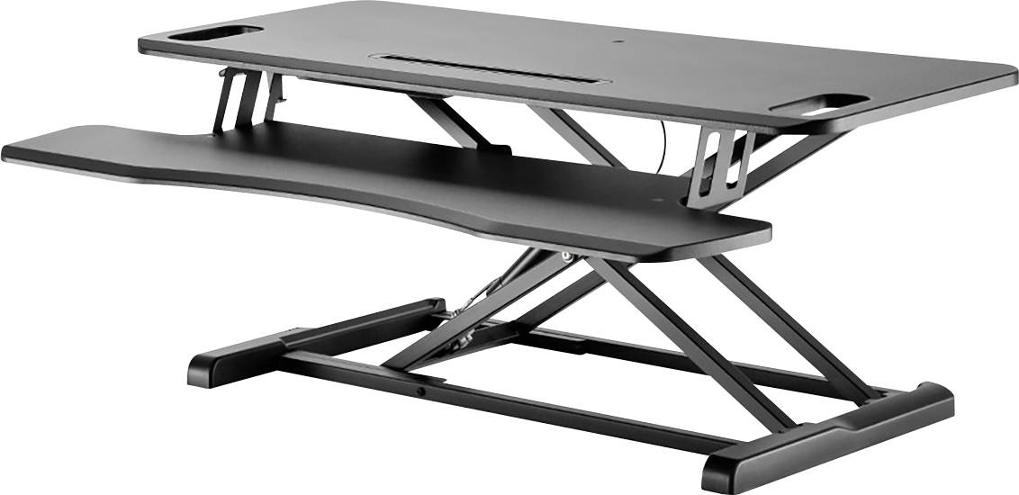 Egy fekete, magasságban állítható, két szintű íróasztal-kiegészítő, amelyet ergonomikus munkavégzésre terveztek állva és ülve egyaránt.