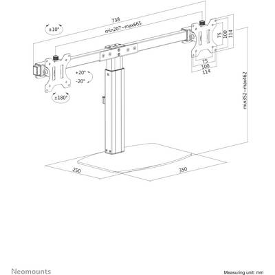 Kettős monitartartó kar billentő, forgató és elforgatható funkcióval. Magassága 352-től 462 mm-ig állítható. Alkalmas VESA 75x75-től 100x100 mm-es szabványméretig.
