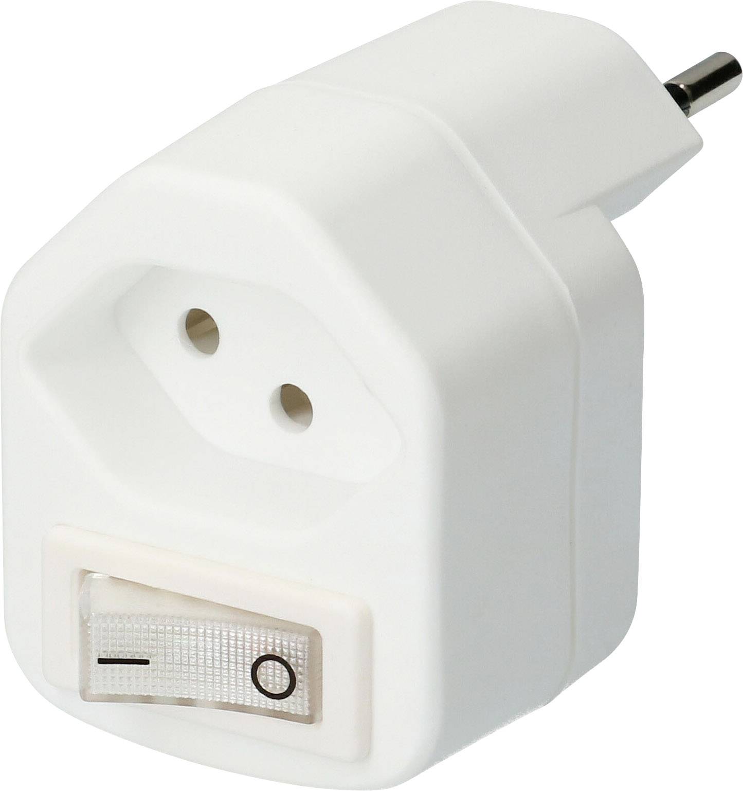 Fehér dugaszolóaljzat-adapter kapcsolóval, európai csatlakozódugóval, kétpólusú csatlakozásra tervezve, kompakt és minimalista kivitelben.