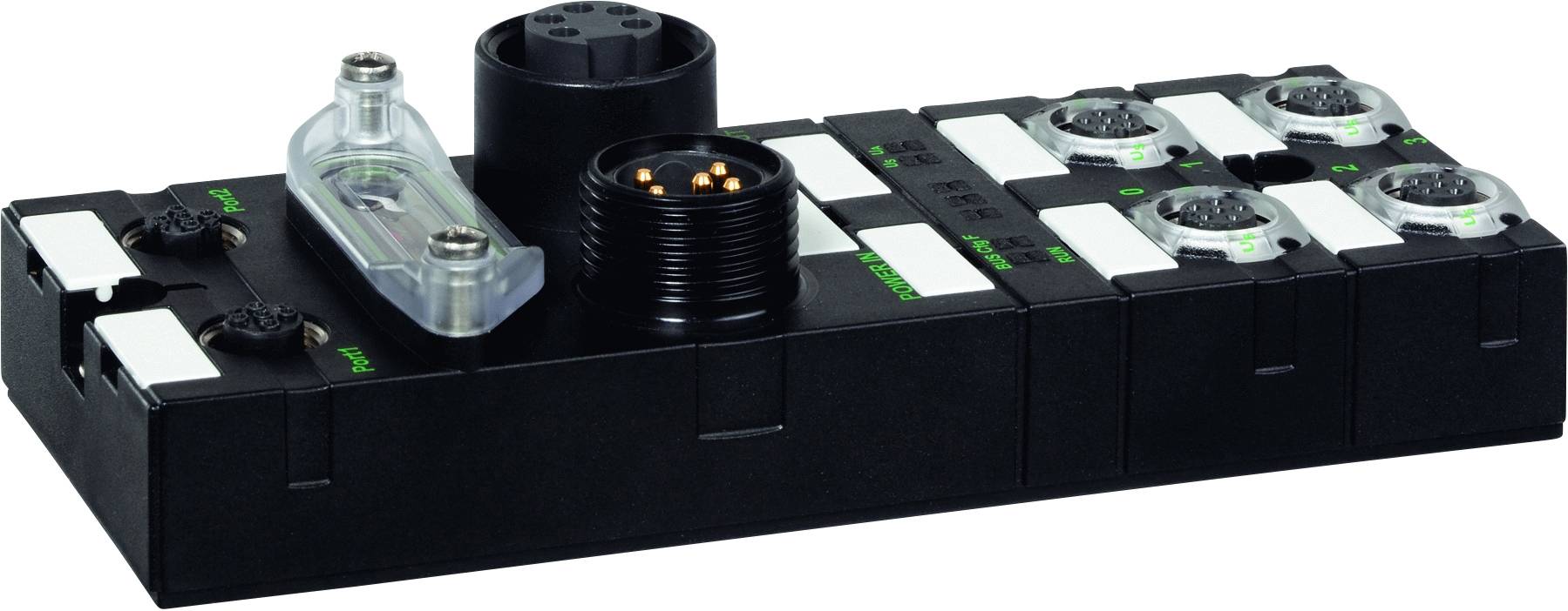 Egy fekete elektronikus elosztó több csatlakozóaljzattal és zöld LED-jelzőfényekkel, ipari berendezések összekapcsolására.