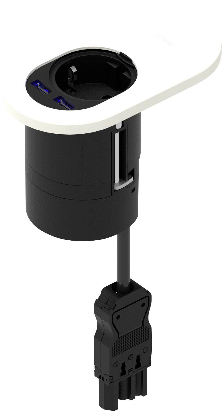 Fekete asztali elosztó két USB-csatlakozóval és egy kerek dugaljjal, függőlegesen kihúzható, fekete csatlakozókábellel.