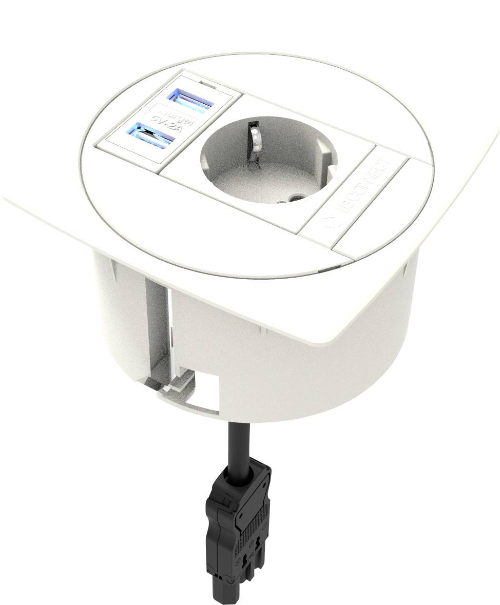 Egy fehér konnetkeret USB-csatlakozóval, beépítve egy kerek lemezbe. Egy fekete kábel csatlakoztatva van.