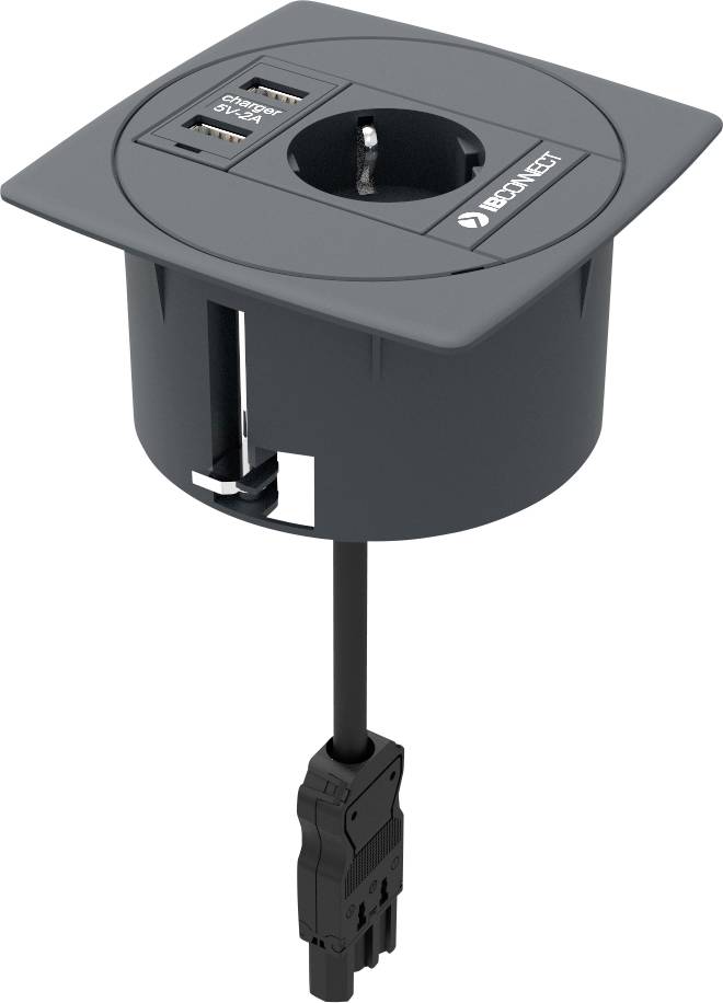 Egy fekete asztali elosztó egy hálózati aljzattal, két USB-csatlakozóval és egy hárompólusú dugvillás kábellel. Márkanév: 'BACHMANN'.