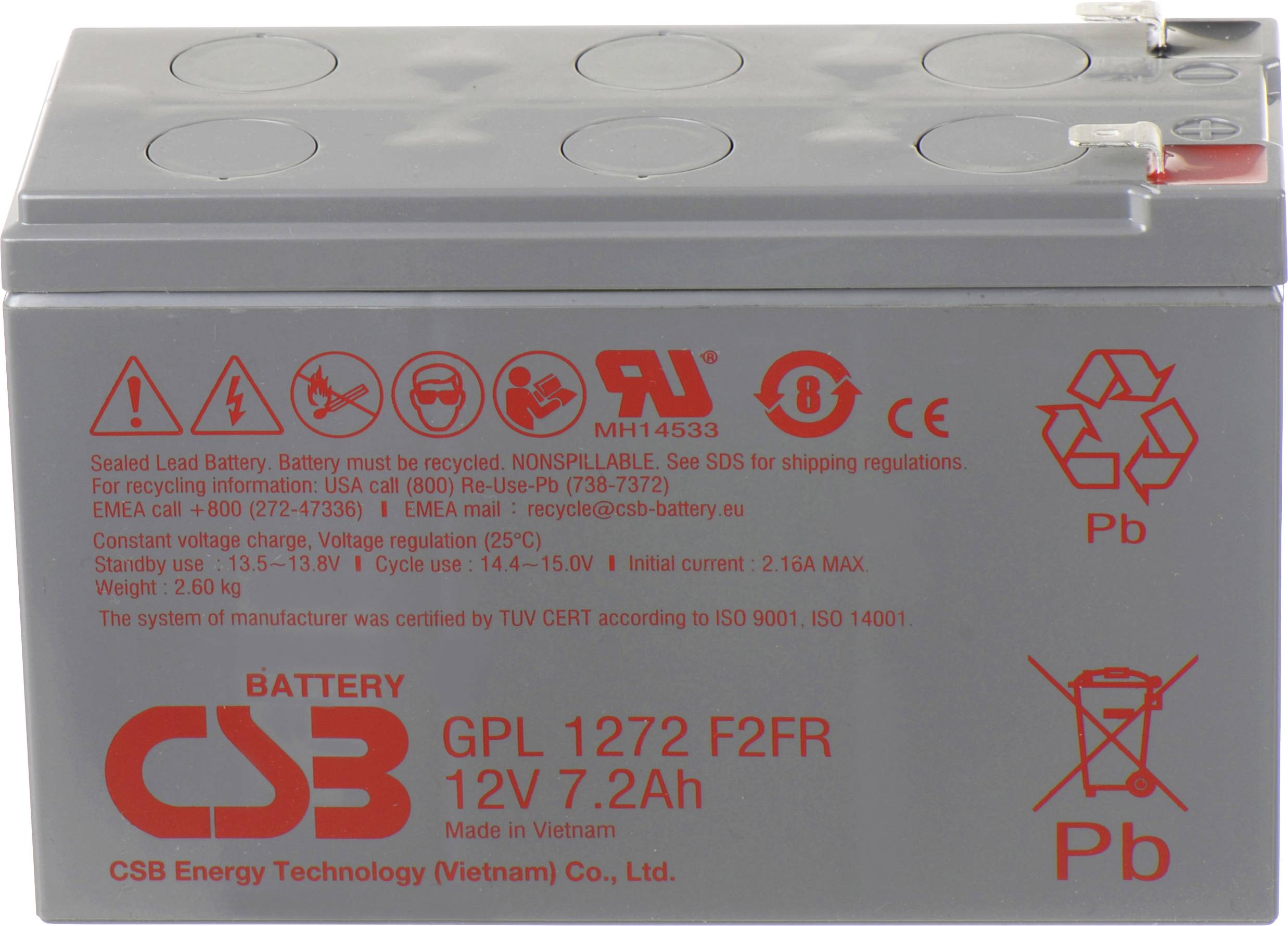 Egy lezárt ólsavas akkumulátor a 'CSB Battery GPL 1272 F2FR 12V 7.2Ah' felirattal, amelyen újrahasznosítási szimbólumok és gyártási adatok láthatók.