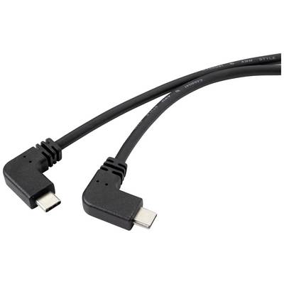 Egy fekete USB-C kábel két derékszögű csatlakozóval fehér háttéren fekszik.
