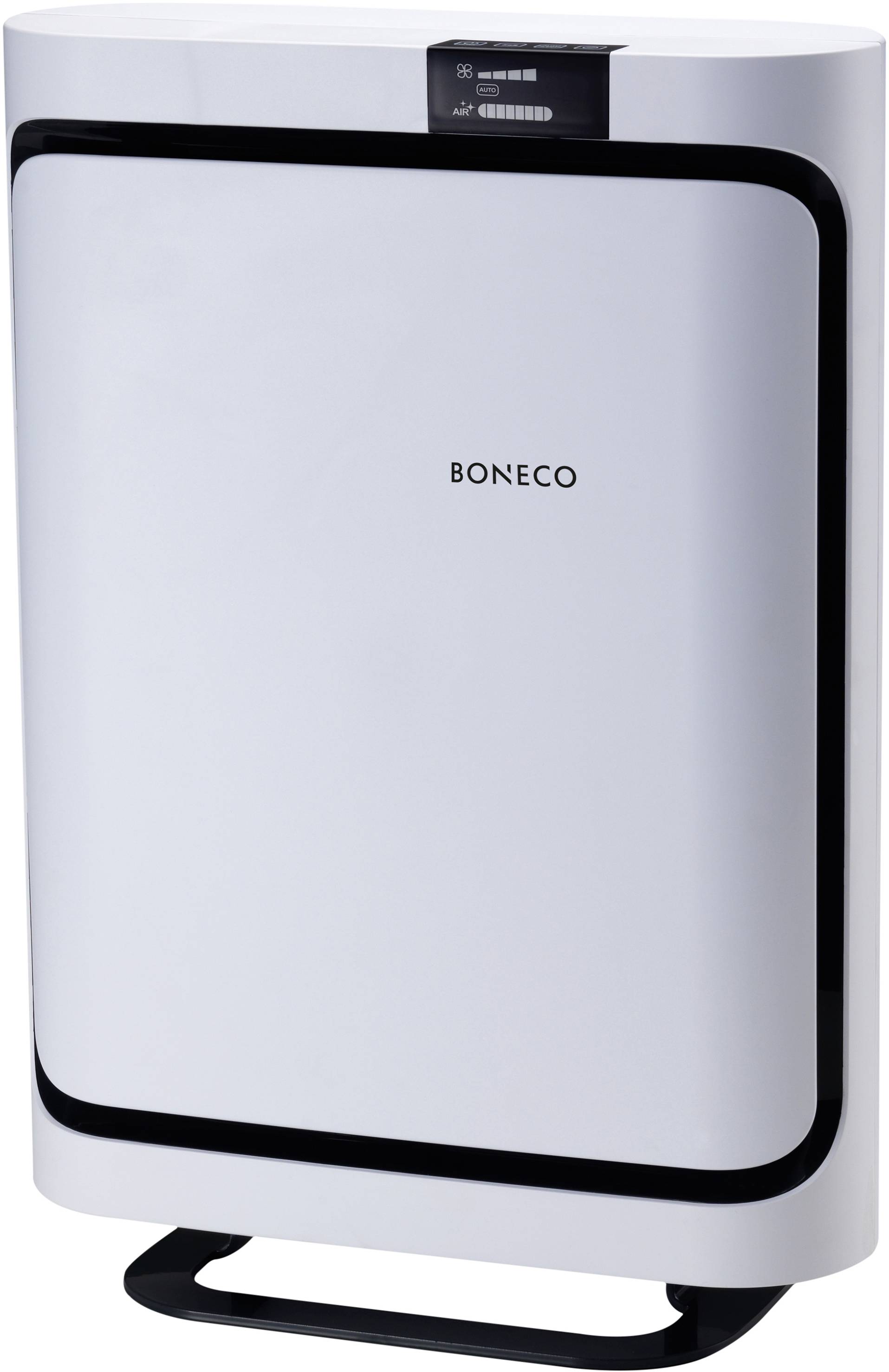 Egy fehér Boneco márkájú légpisztoly digitális kijelzővel felül. Alkalmas a beltéri levegő minőségének javítására.