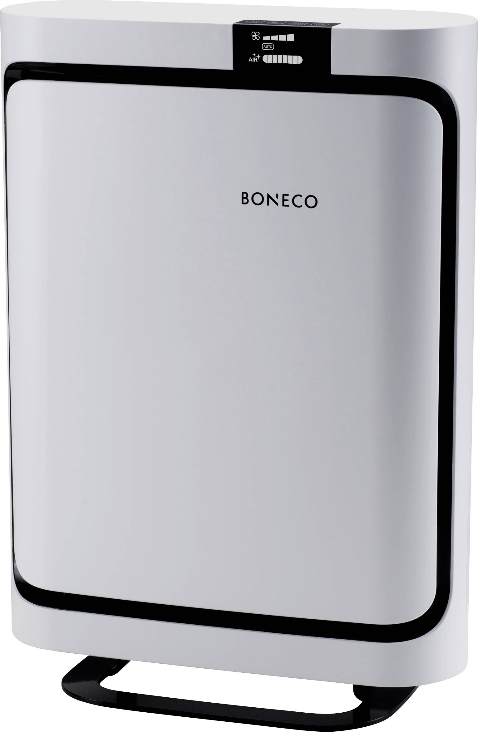 Egy fehér levegőtisztító fekete szegéllyel semleges háttér előtt áll. Felül LED-kijelzők láthatók.