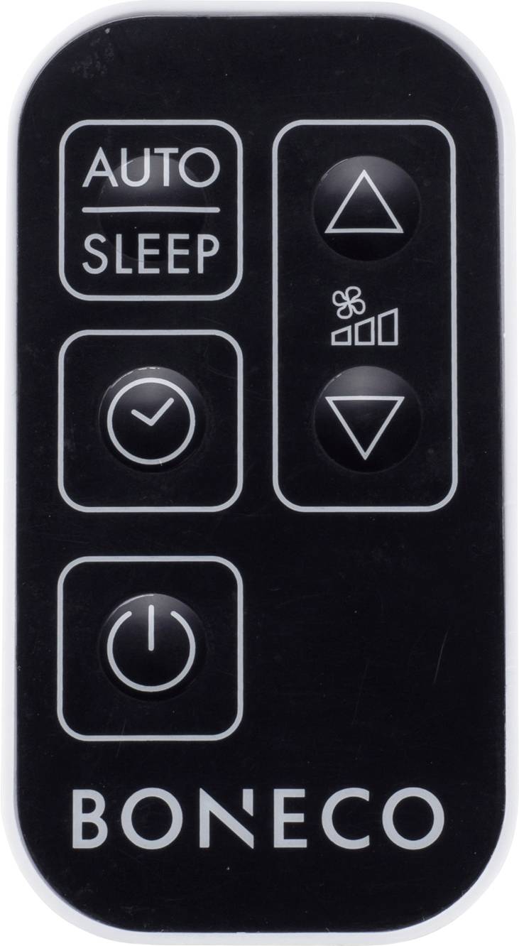 Fekete távirányító BONECO-logóval. Gombok: 'AUTO SLEEP', ventilátorvezérlés, üzemmódválasztás, Be/Ki. Téglalap alakú.