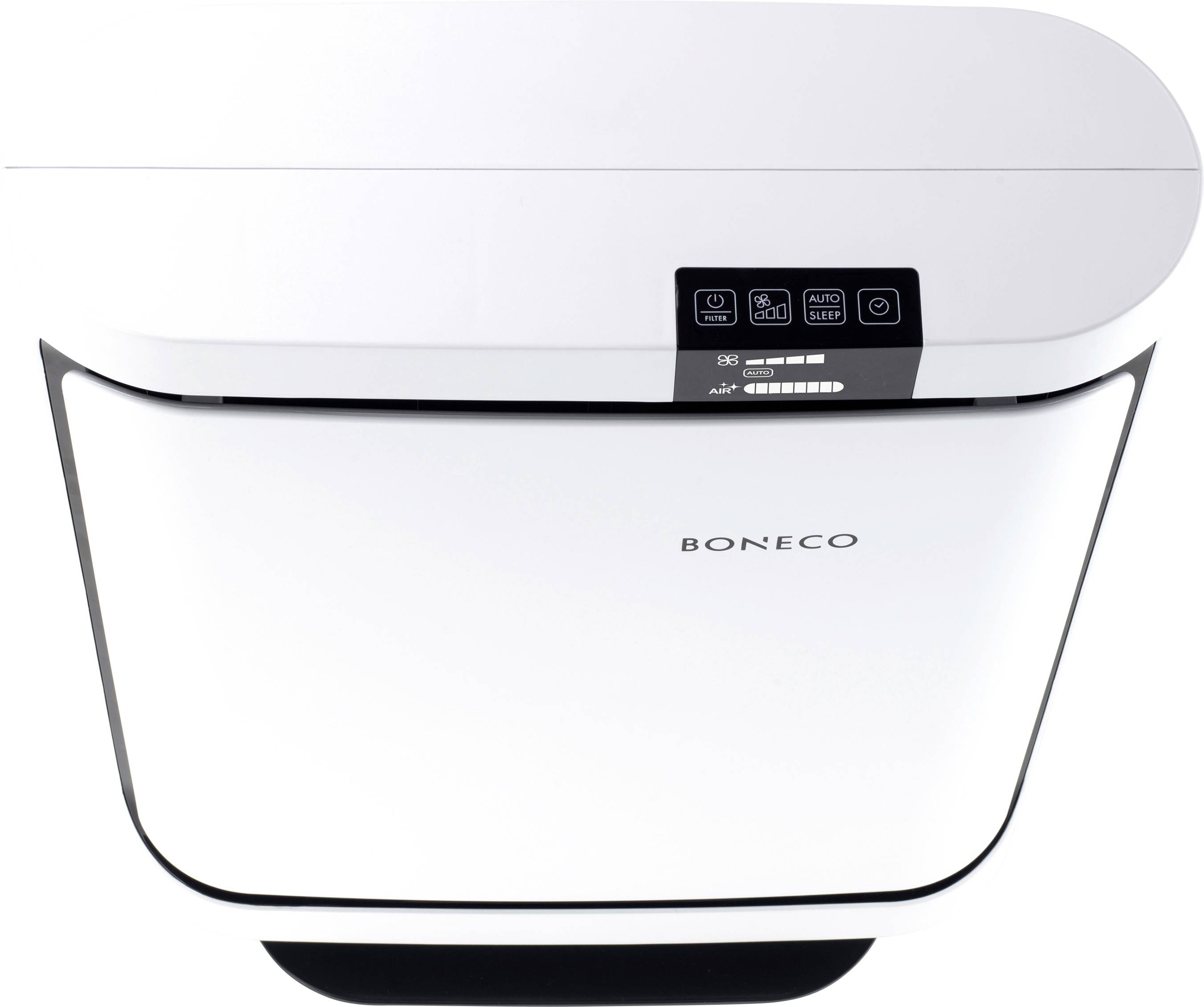 Légtisztító felülnézetből, digitális kezelőpanellel, több sebességállító gombbal és fényjelzésekkel.