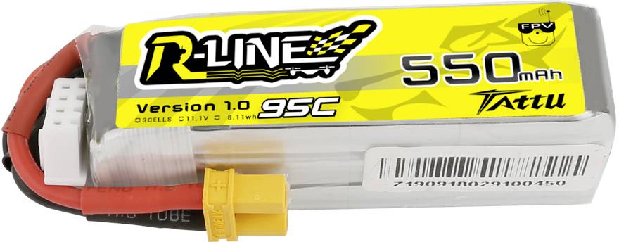 Tattu R-Line LiPo akkumulátor, 550mAh, 95C, sárga csatlakozóval és fehér kábellel, alkalmas FPV drón modellezéshez.
