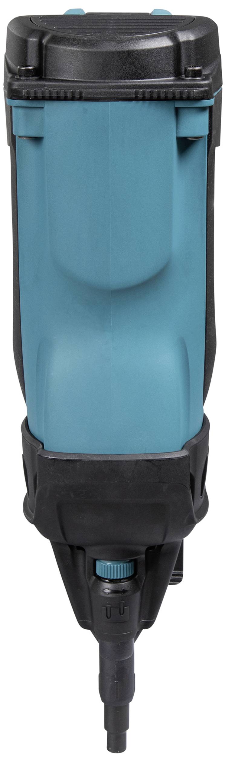 Egy kék levegős szögbelövő fekete házban, alkalmas építőipari munkálatokhoz. Kompakt kialakítás fogakkal ellátott hegyű véggel.