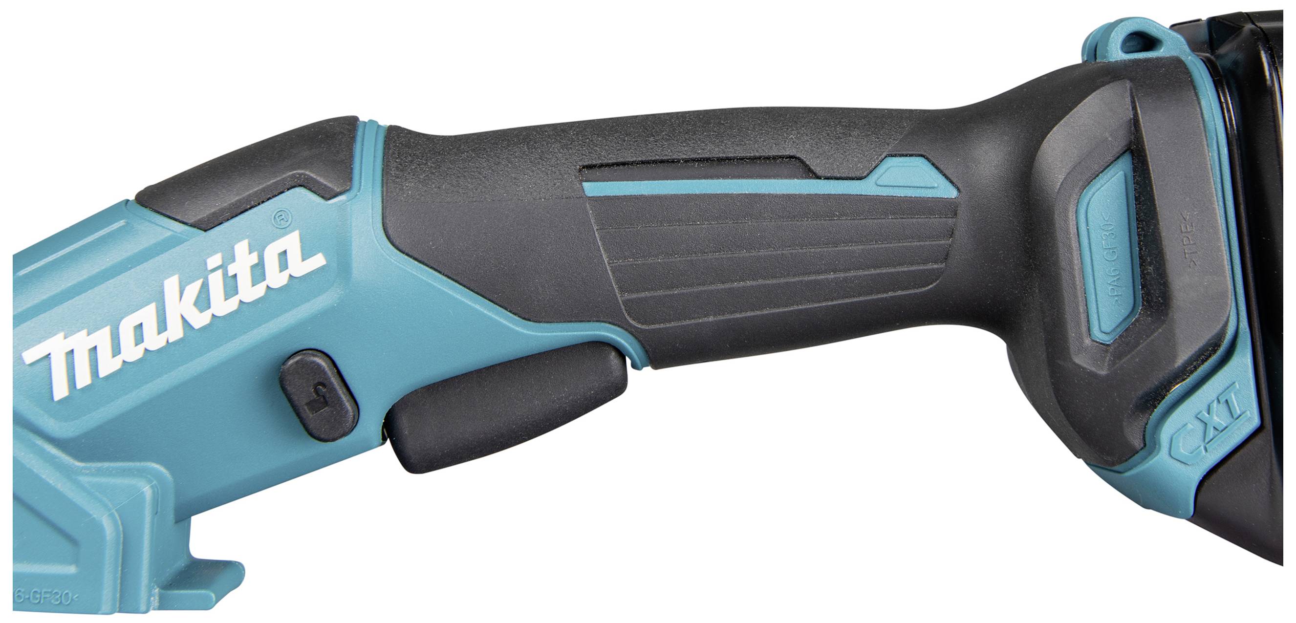 Egy türkiz és fekete akkumulátoros szerszámfogantyú Makita logóval, ergonomikus kialakítással, egy elektromos szerszám részeként.