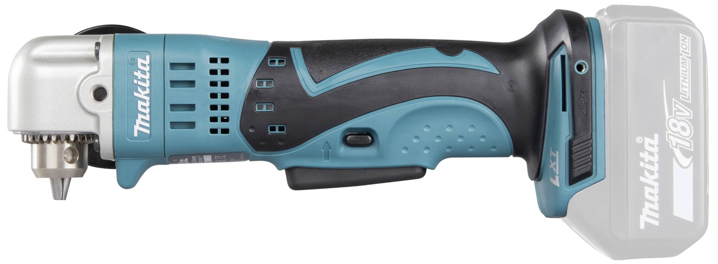 Egy kék-fekete Makita 18V-os akkumulátoros sarokfúró-csavarozó, oldalnézetben, ergonomikus fogantyúval és robusztus kialakítással.