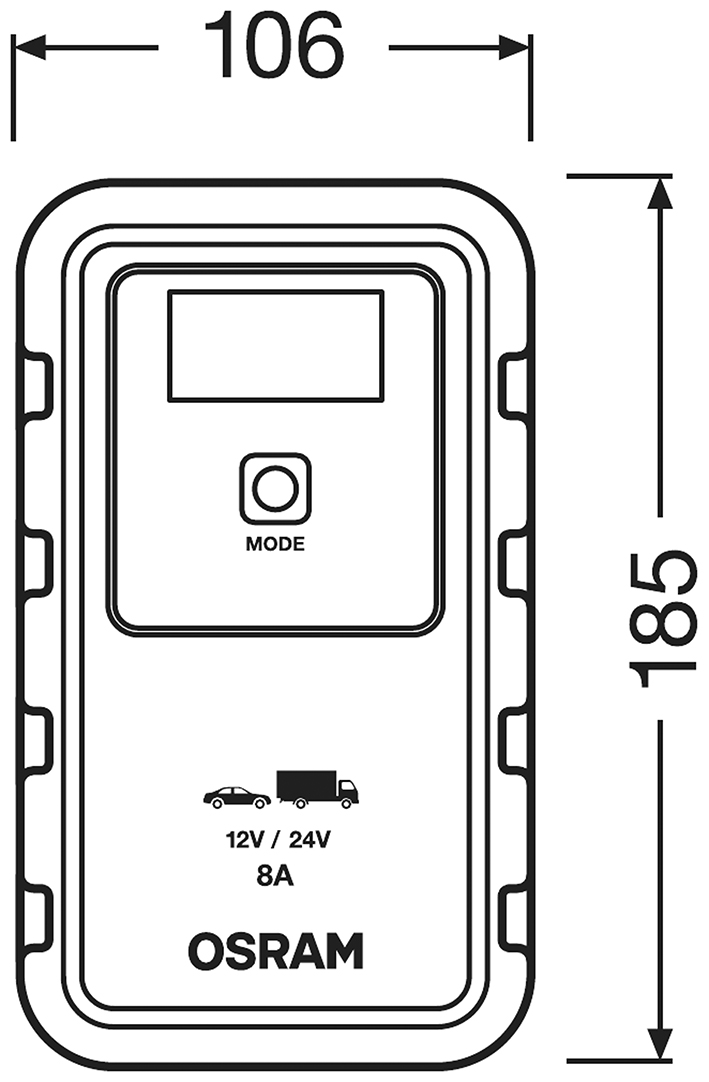 Az ábra egy téglalap alakú elektromos készüléket mutat, amelyen az 'OSRAM', 'MÓD' gomb, valamint autó és teherautó szimbólumok láthatók. Mérete: 106 x 185 mm.
