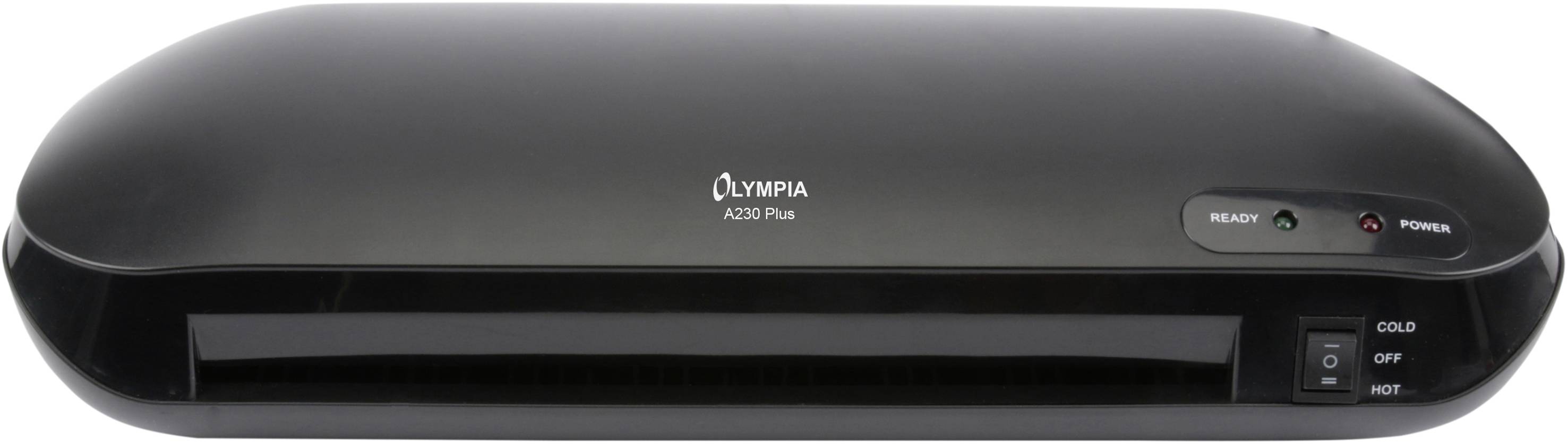 Egy fekete Olympia A230 Plus típusú laminálógép, 'Hideg' és 'Meleg' kapcsolókkal, valamint készenlét és tápellátás jelzőfényekkel.