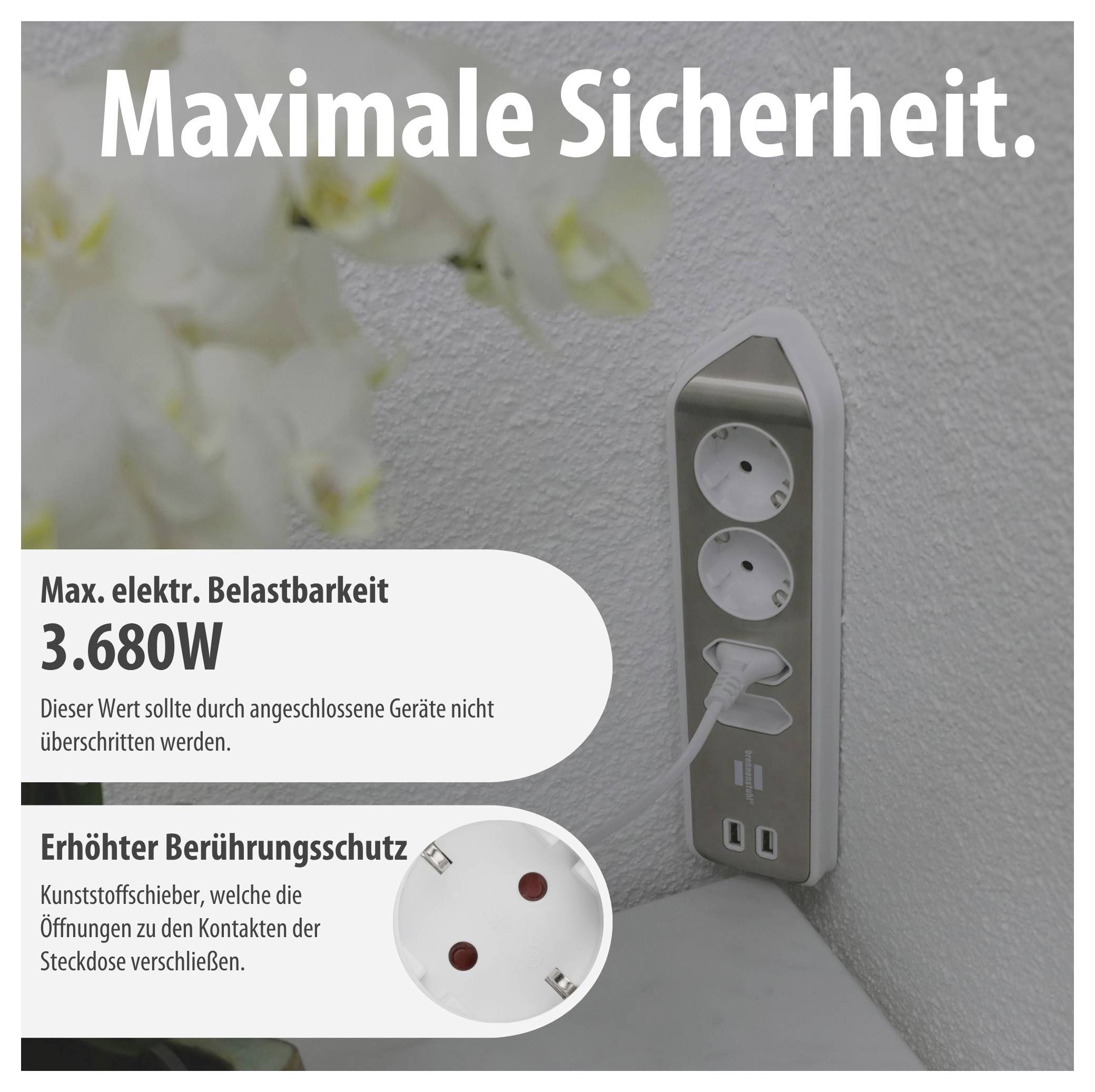 Falvastagság egy falra szerelhető elosztósávhoz a "Maximális biztonság" szöveggel, 3.680 W terhelhetőséggel és a fokozott érintésvédelemre vonatkozó megjegyzéssel.