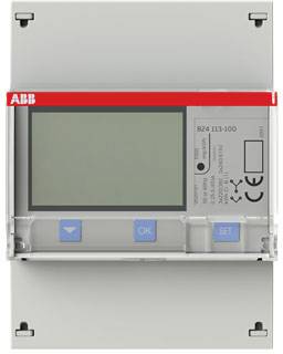 Elektromos fogyasztásmérő kijelzővel és kezelőgombokkal. Az 'ABB' logó bal felső sarokban. A modellszám 'B24 113-100' a ház jobb oldalán.