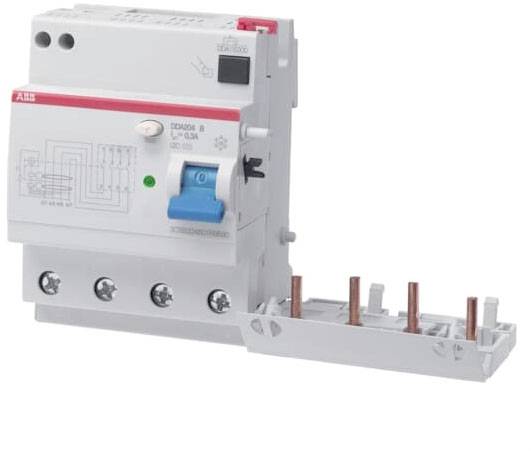 Egy hibaáram-védőkapcsoló teszt gombbal és elektromos áramkörök szimbólumaival, amelyet áramütések megelőzésére használnak.