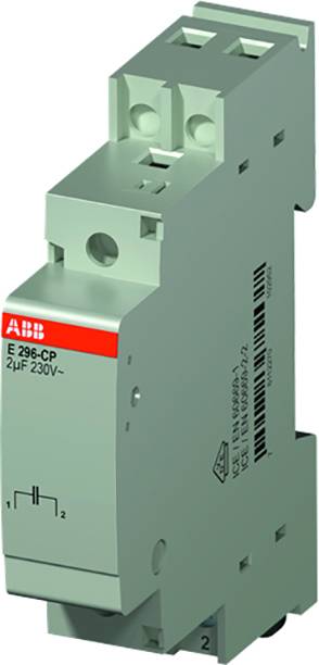 ABB E 296-CP kondenzátor; Kapacitás: 2μF, Feszültség: 230V; zöldes borítás, sínre szerelhető.