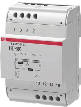 Egy ABB 12-24 voltos transzformátor DIN-sínre szereléshez, TS40/12-24 C típus, 50 Hz-es és 230V-os alkalmazásokhoz alkalmas.