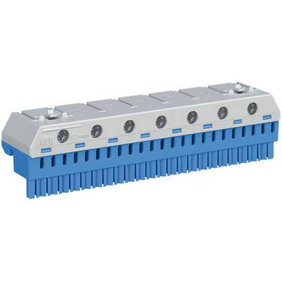 Szürke és kék elektromos csatlakozóblokk több csatlakozási ponttal. Ipari alkalmazásokra alkalmas.