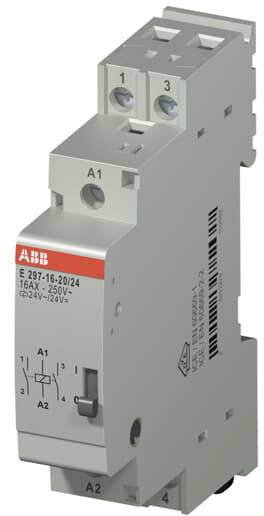 ABB relé modul E 297-16-20/24, alkalmas 250V, 16AX terhelési áram esetén. Tartalmazza a csatlakozókat: A1, A2, 1, 2, 3.