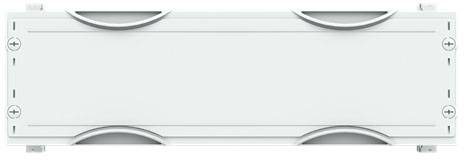 Hosszúkás fehér dobozfedél csavarokkal a sarkokon és kerek kivágásokkal a rövid oldalakon.