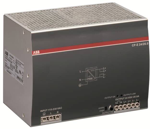 ABB CP-E 24/20.0 típusú ipari tápegység, ezüst házban, csatlakozókkal és műszaki feliratokkal.