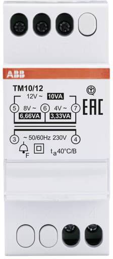 Egy ABB transzformátor TM10/12, 12V-os, 10VA teljesítményű. Bemutatja a huzalozási rajzot, névleges értékeket és biztonsági tanúsítványokat.