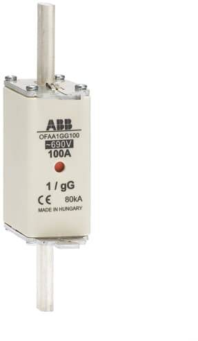 ABB biztosíték, típus OFAA1GG100, 690V, 100A, 80kA, gyártva Magyarországon.