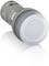 Egy szürke, kerek LED-nyomógomb, fehér áttetsző gombbal, ipari kezelőpanelekhez alkalmazható.