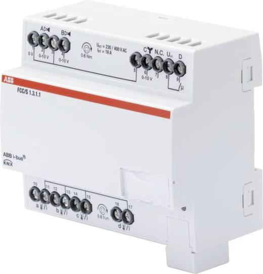 Egy ABB KNX kapcsolóaktor több csatlakozóval és jelöléssel, épületirányítási rendszerekbe történő integrálásra.