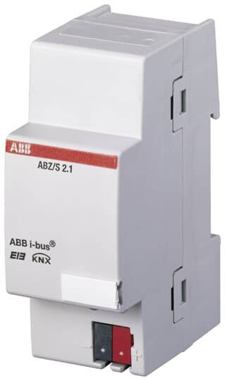 Egy szürke épületautomatizálási modul 'ABB i-bus', 'EIB', 'KNX' és 'ABZ/S 2.1' felirattal, elektromos telepítések vezérlésére.