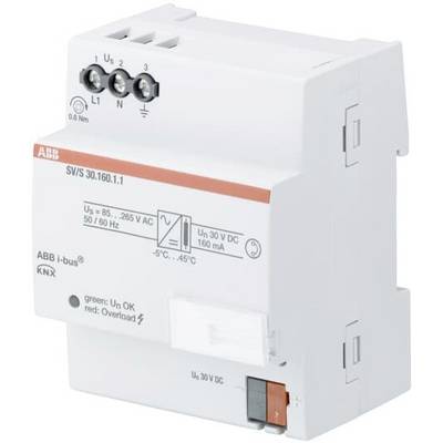 Egy ABB-s KNX tápegység több csatlakozóval és egy piros kapcsolóval, sínre szerelhető kivitelben.