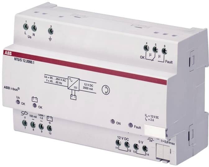 '''ABB i-bus NT/US 12.2000.1 tápegység: 12V DC tápellátás, 2000mA kimenet, DIN-sínre szerelve, állapotjelző LED-ekkel és csatlakozókkal.'''