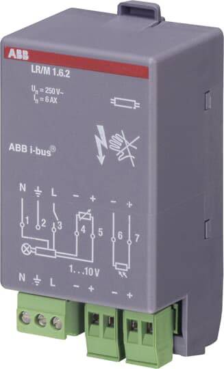 Egy ABB I-bus KNX eszköz műszaki specifikációkkal és kapcsolási rajzzal az elülső oldalán. Alkalmas elektromos rendszerek vezérlésére.
