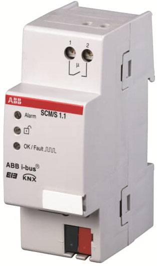 ABB i-bus® KNX kapcsolóaktor modul két felső csatlakozóval, LED-es riasztás- és állapotjelzőkkel, fehér-szürke házban.