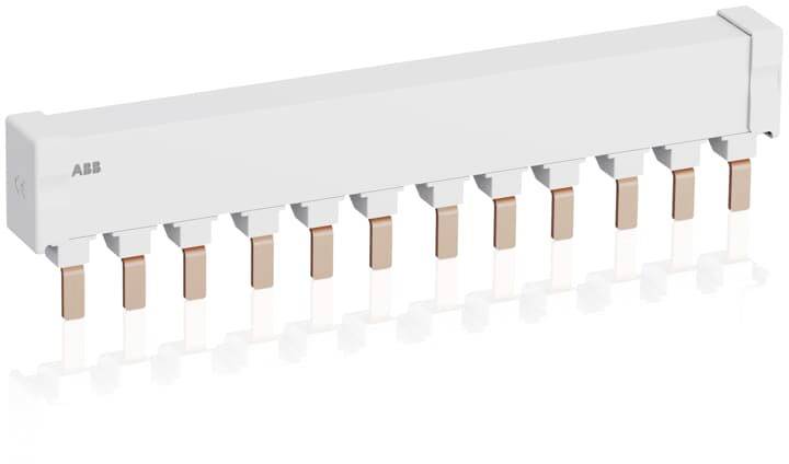 ABB áramvezető sín 3 pólusú, rézből, elektromos elosztáshoz. Fehér ház réz csatlakozókkal alul.