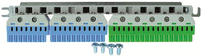 Kék és zöld csatlakozókkal ellátott patch panel, négy csavar alatta. Használatos informatikai hálózatok strukturált kábelezéséhez.