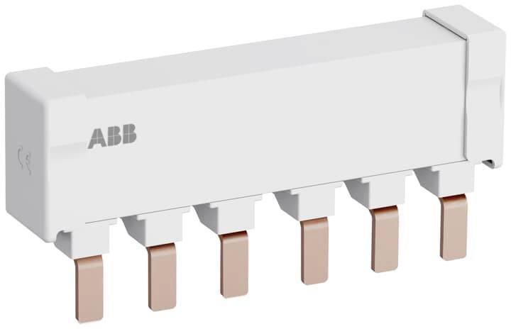Egy fehér ABB elektromos sín hat réz színű csatlakozóval, amelyet elektromos rendszerekben az elektromosság elosztására használnak.