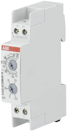 ABB időkapcsoló óra, E234 CT-MVM modell, DIN-sínre szerelhető. Idő és funkciók beállító gombbal. Feszültség: 8-240V AC/DC.