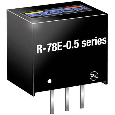 Fekete elektromos alkatrész, R-78E-0.5 sorozatú felirattal, három kiálló csatlakozóval alul.