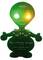 Egy kis, zöld alien-modell világító szemekkel és a 'My Little Alien v1.0' felirattal. Egy talapzaton áll.