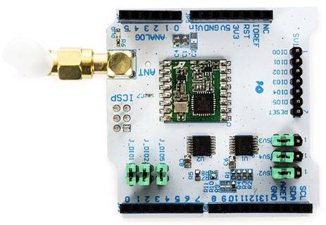 Elektronikus modul antenna, több csatlakozó és áramkör jelenlétével; adattovábbításra használják eszközhálózatokban.
