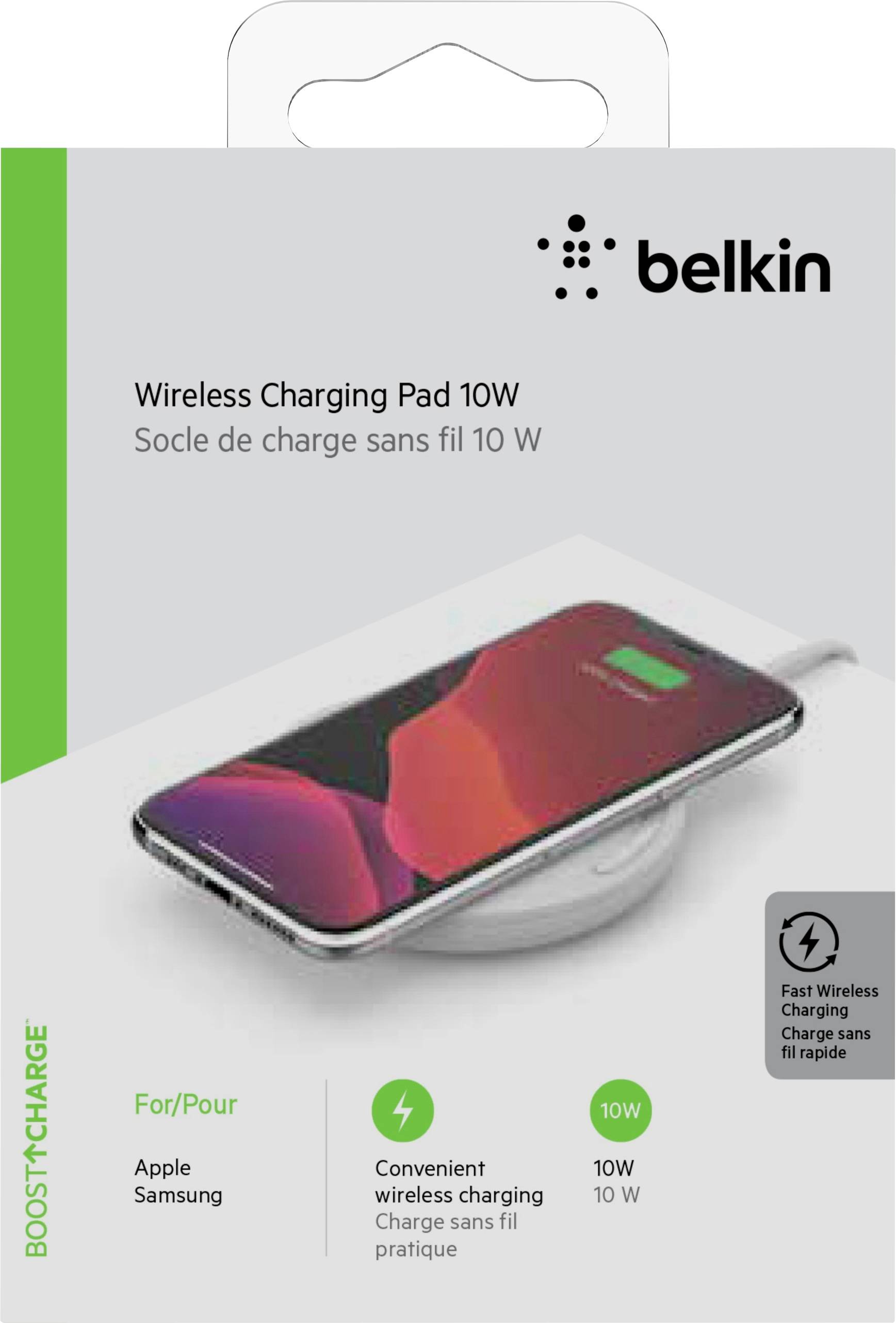 Egy csomag, amelyen egy vezeték nélküli töltő látható, kompatibilis Apple és Samsung készülékekhez, benne egy 10W-os töltőpaddal és okostelefonnal.