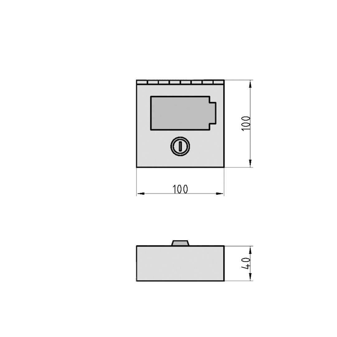 Műszaki rajz egy négyzet alakú tárgyról a következő méretekkel: 100x100x40 mm. Felül egy téglalap alakú szakasz; alul egy kör.